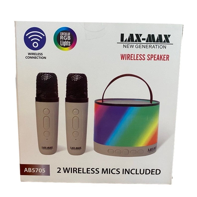 Boxed "LAX-MAX" wireless speaker set with microphones and color-changing lights.
