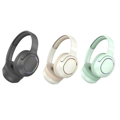 Three sets of over-ear headphones in gray, beige, and mint green.