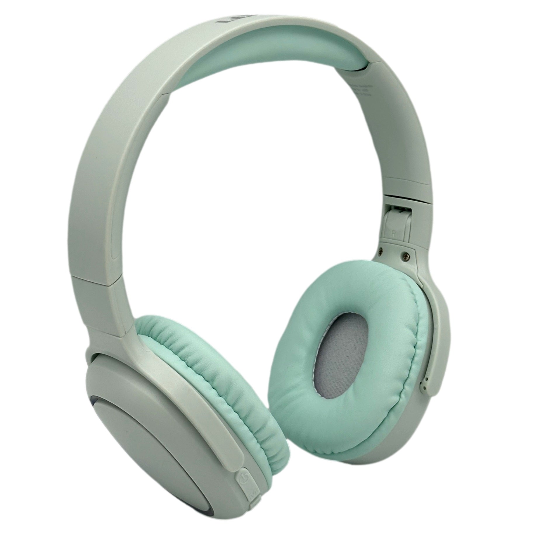Light blue and grey over-ear headphones.
