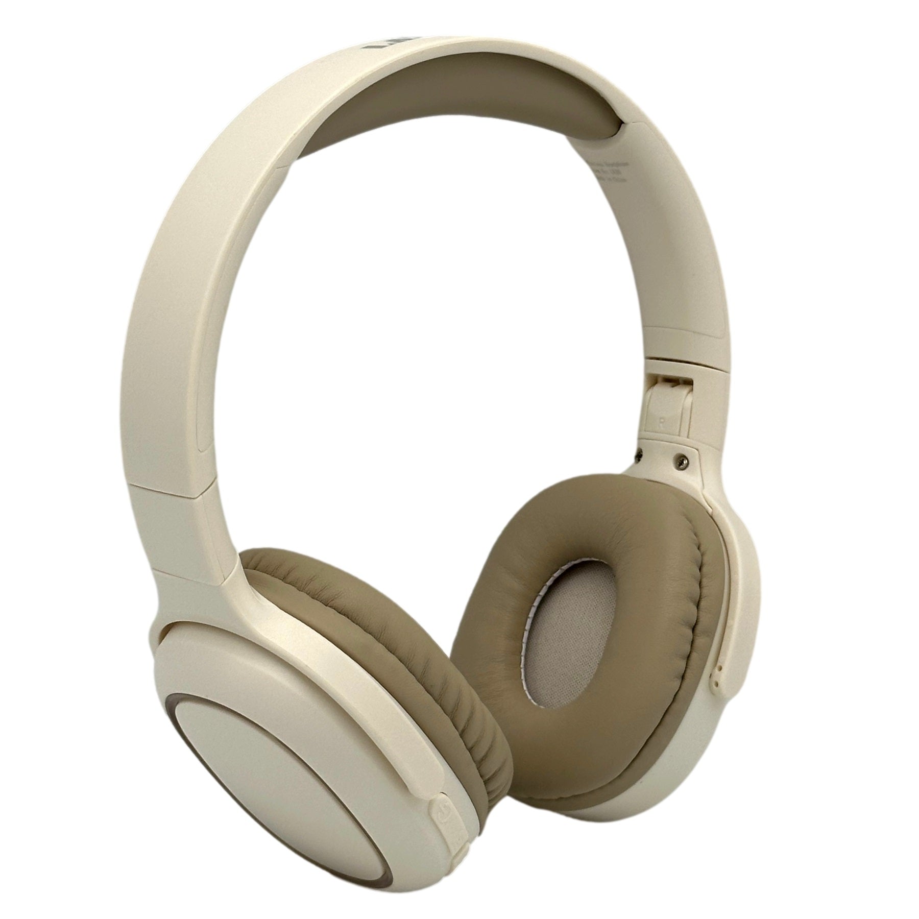 Off-white and tan over-ear headphones.