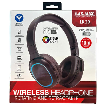 Black wireless headphones on a product box.
