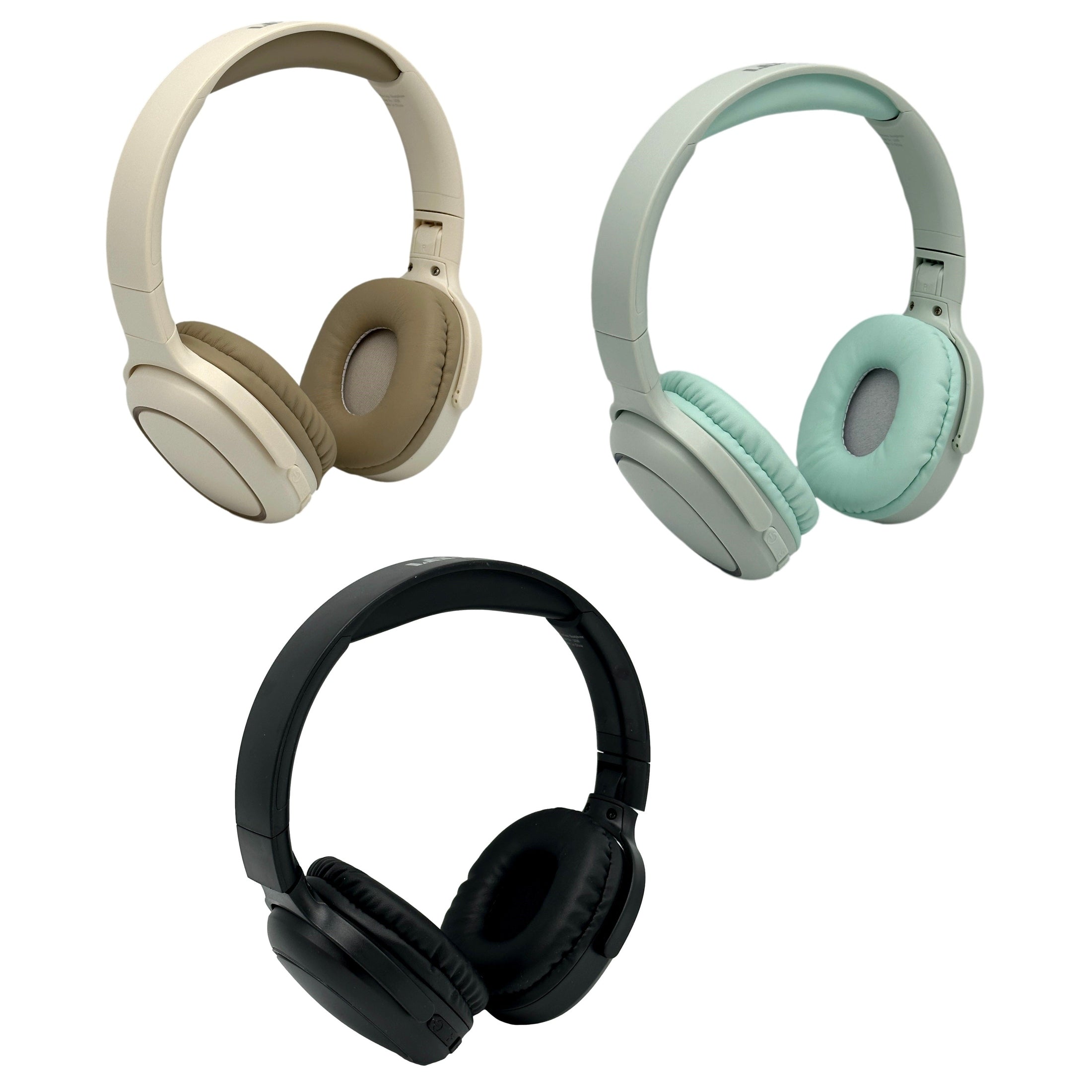 Three over-ear headphones. Beige with brown pads, light blue, and black.