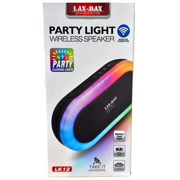 Box of a LAX-MAX LK12 party light wireless speaker.
