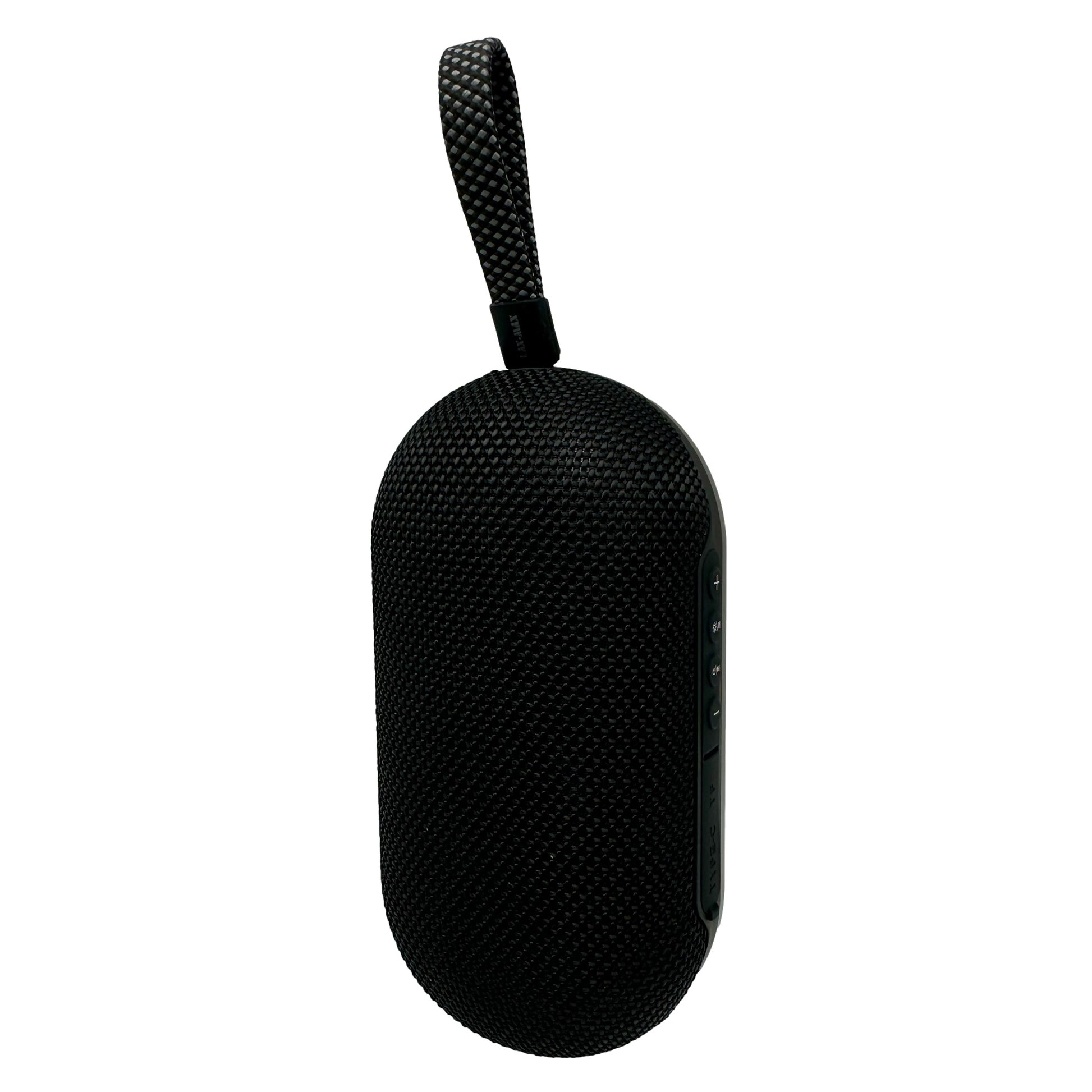 Black cylindrical portable speaker with braided lanyard.