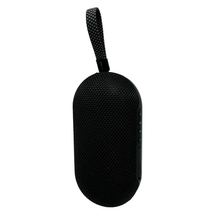 Black cylindrical portable speaker with braided lanyard.