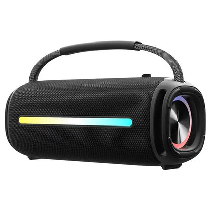 Black speaker with handle and colorful lights.
