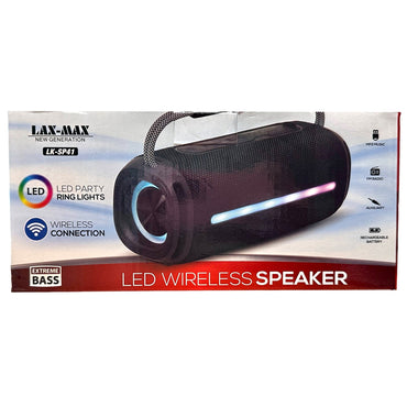 Box of a black LED wireless speaker with a carrying handle.