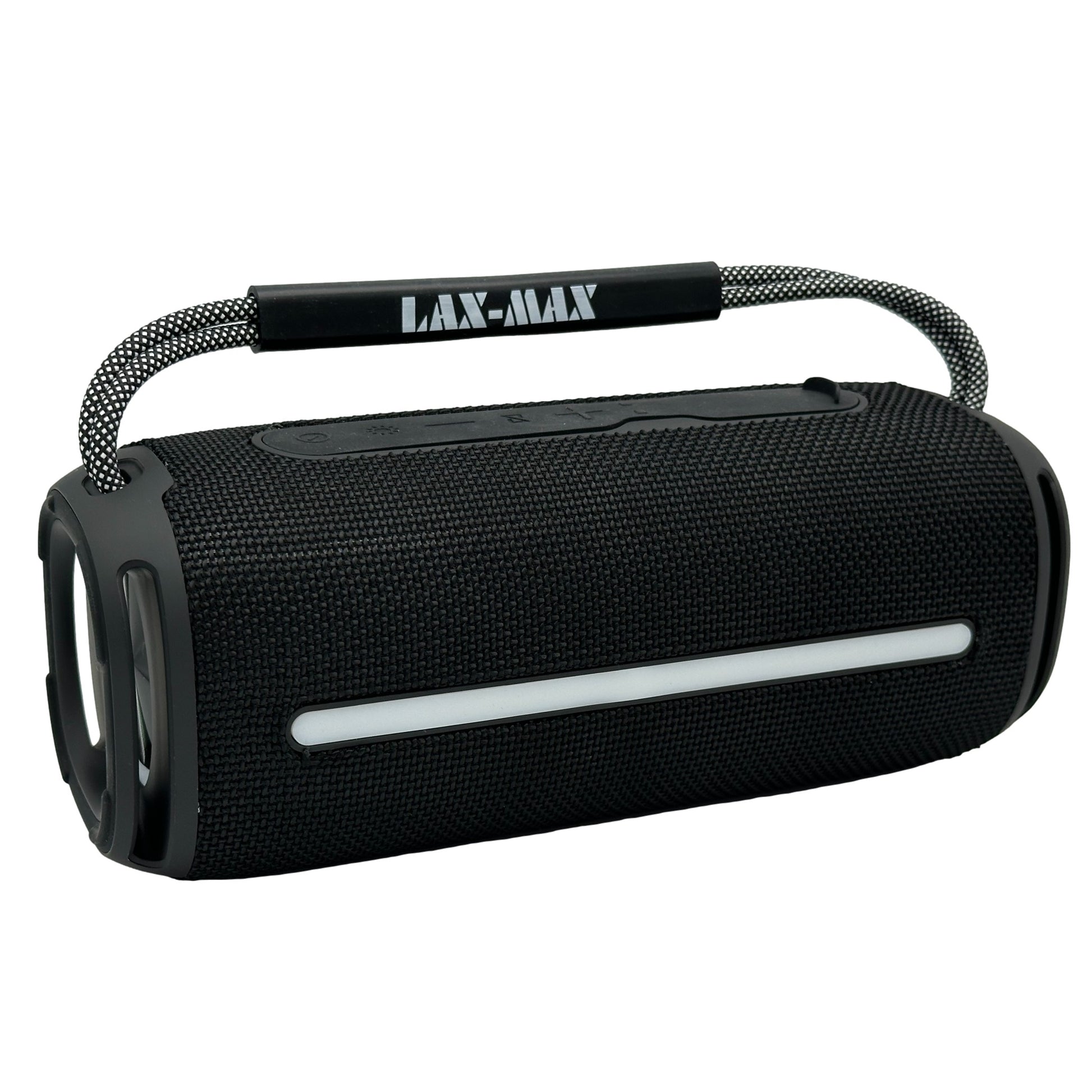 Black speaker with carrying handle and white light bar.