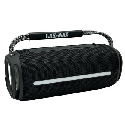 Black speaker with carrying handle and white light bar.