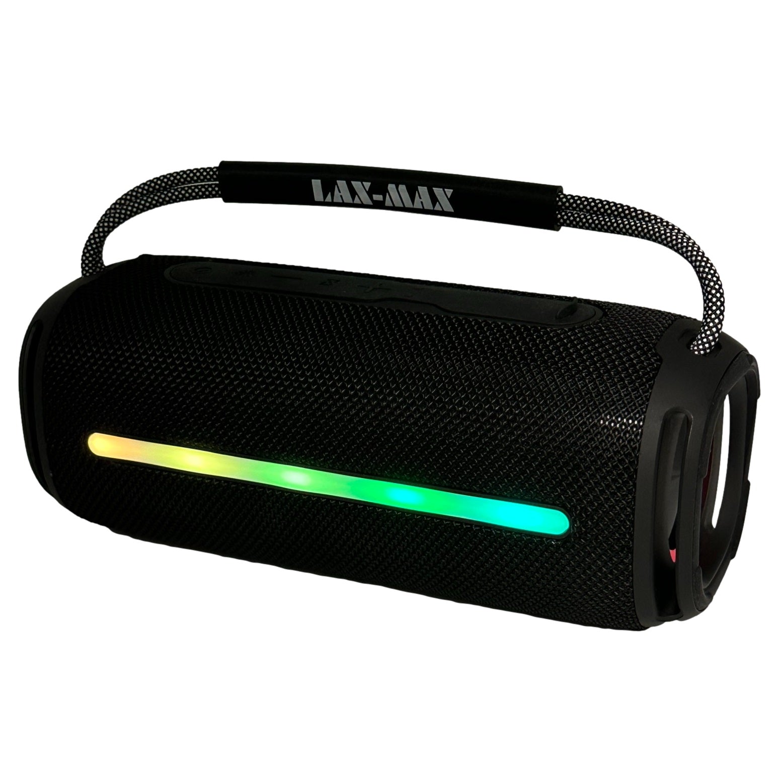 Black portable Bluetooth speaker with rainbow LED light bar.