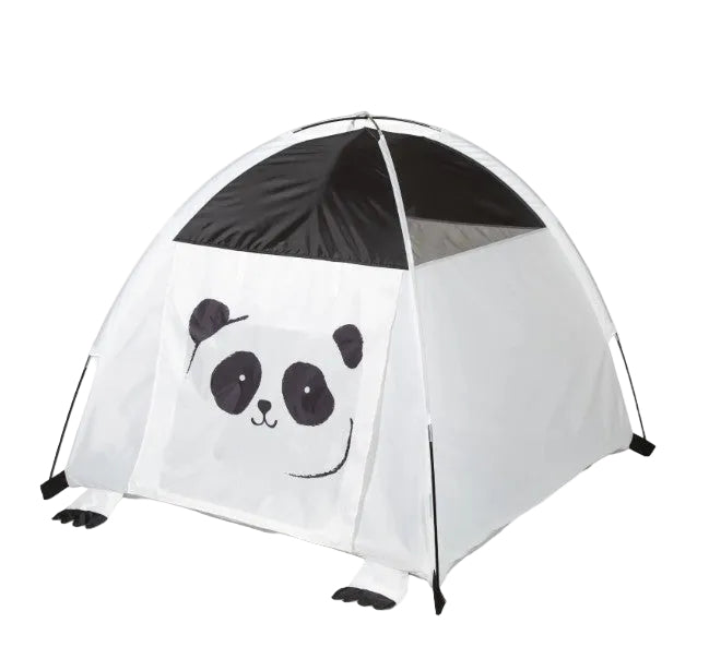 A white and black pop-up dome tent with a cartoon panda face printed on the front door, shown against a light gray background.