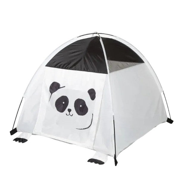 A white and black pop-up dome tent with a cartoon panda face printed on the front door, shown against a light gray background.