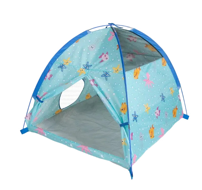 A light blue pop-up children's tent with a playful cartoon animal print, shown on a white textured background.