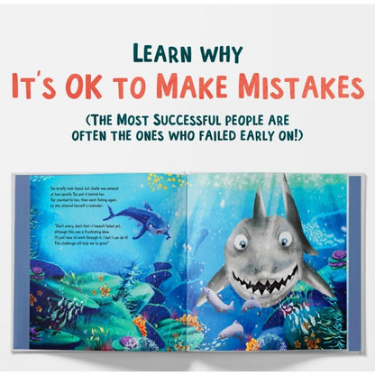 A book spread with cartoon sharks and text about making mistakes.