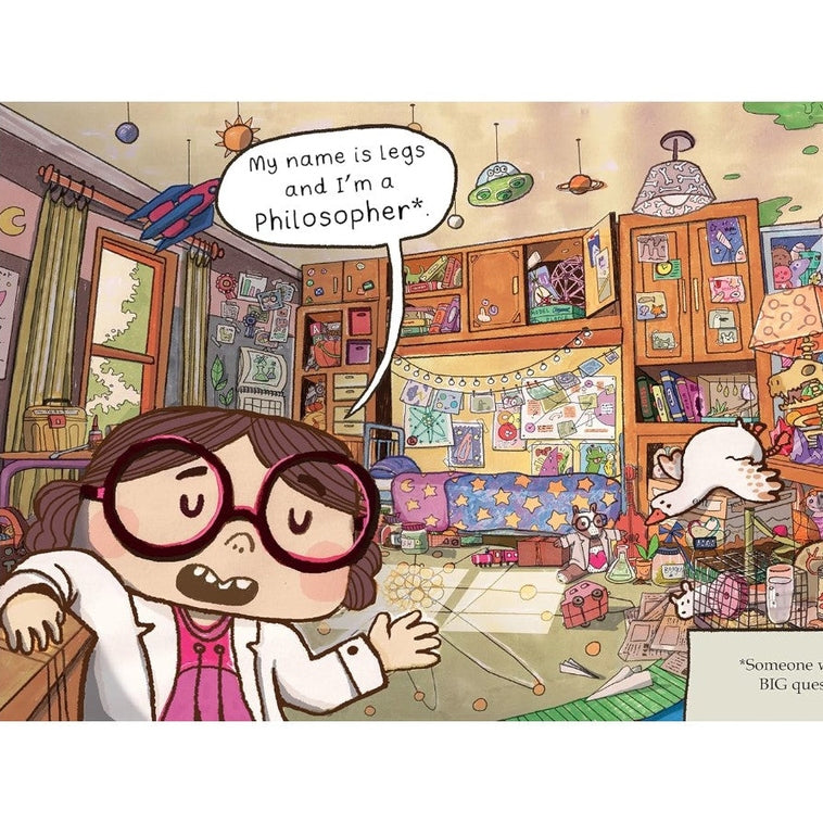 A cartoon girl in a lab coat and glasses stands in a cluttered room.