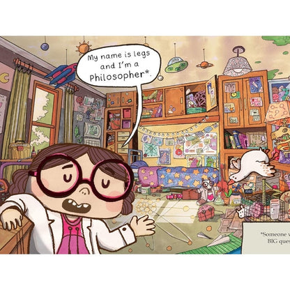 A cartoon girl in a lab coat and glasses stands in a cluttered room.