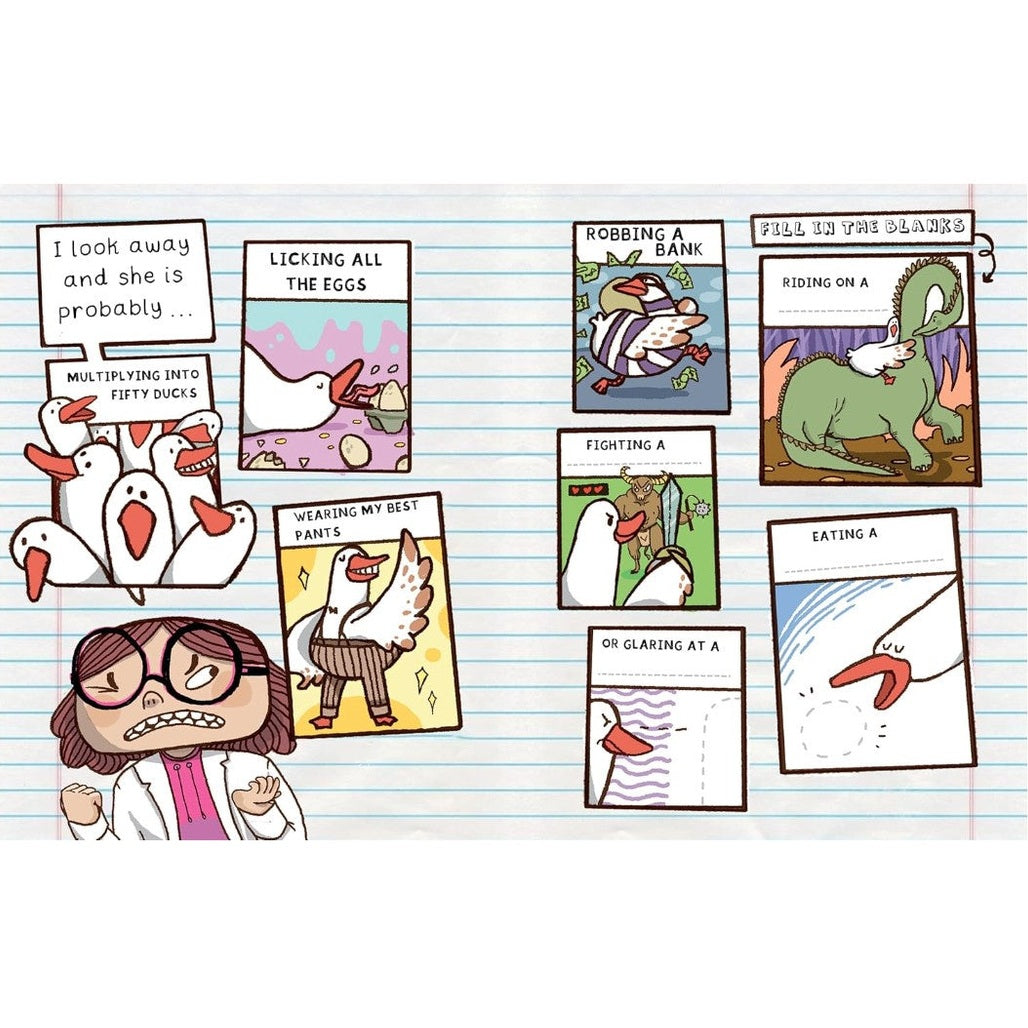 A woman in a lab coat stands near a lined page with illustrated cards of ducks.