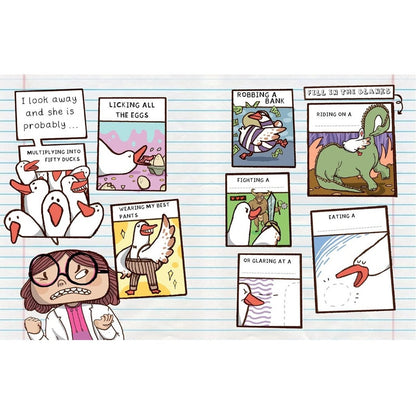A woman in a lab coat stands near a lined page with illustrated cards of ducks.