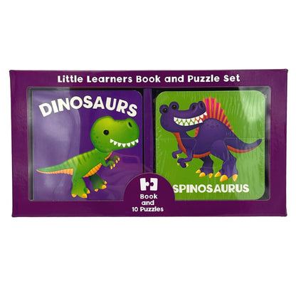 A children's "Little Learners Book and Puzzle Set" with dinosaur themes.