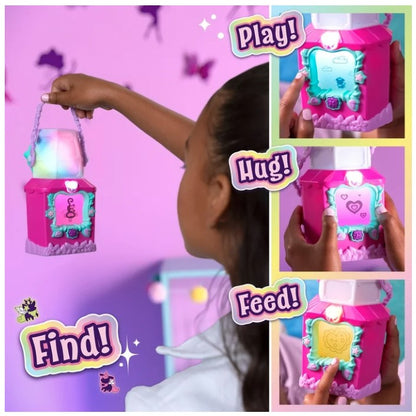 Child holding and interacting with a pink toy lantern.