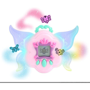 Pink toy with wings, a screen, and pixelated butterfly designs.