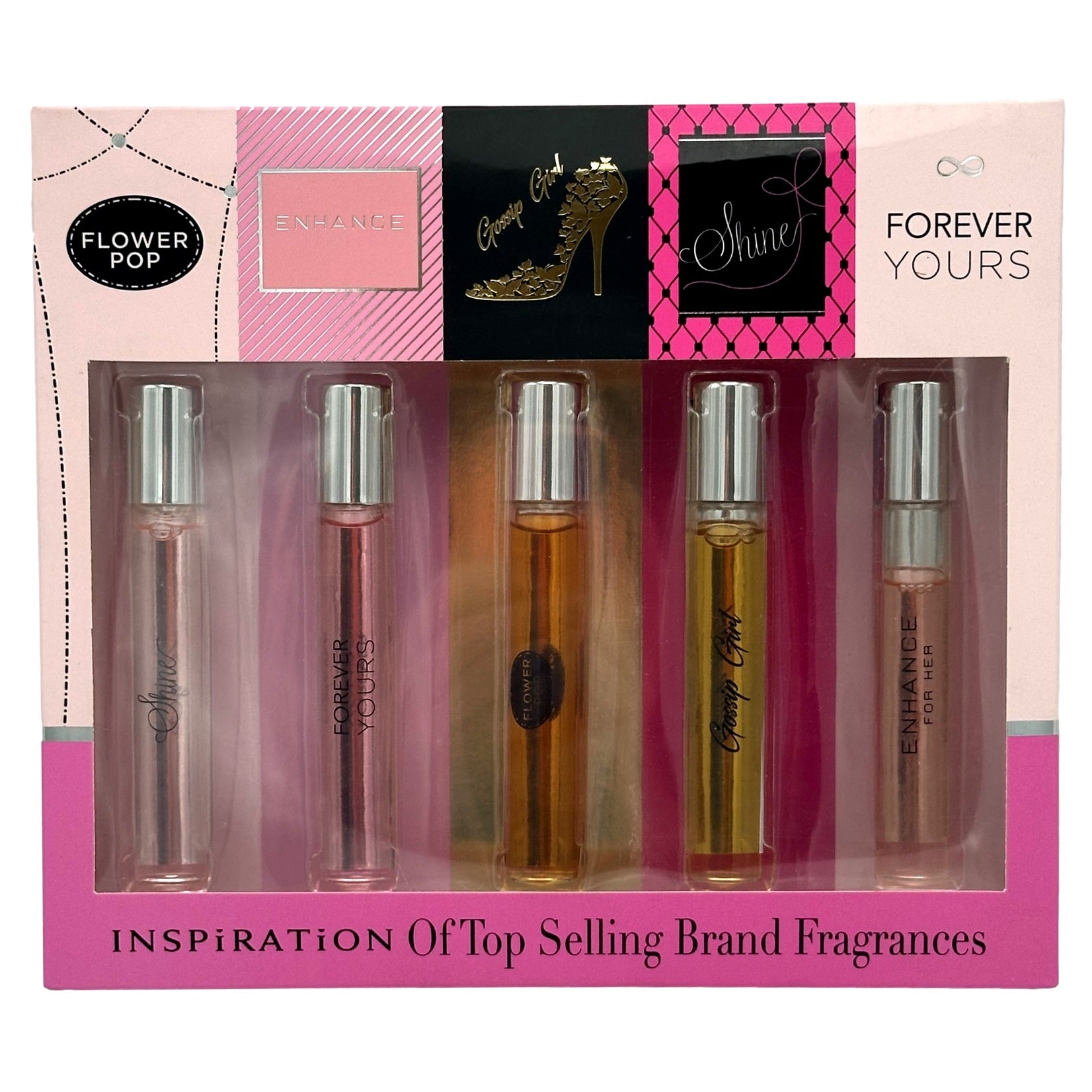A perfume sampler set with five mini bottles labeled "Shine", "Forever Yours", "Flower Pop", "Gossip Girl", and "Enhance for Her."