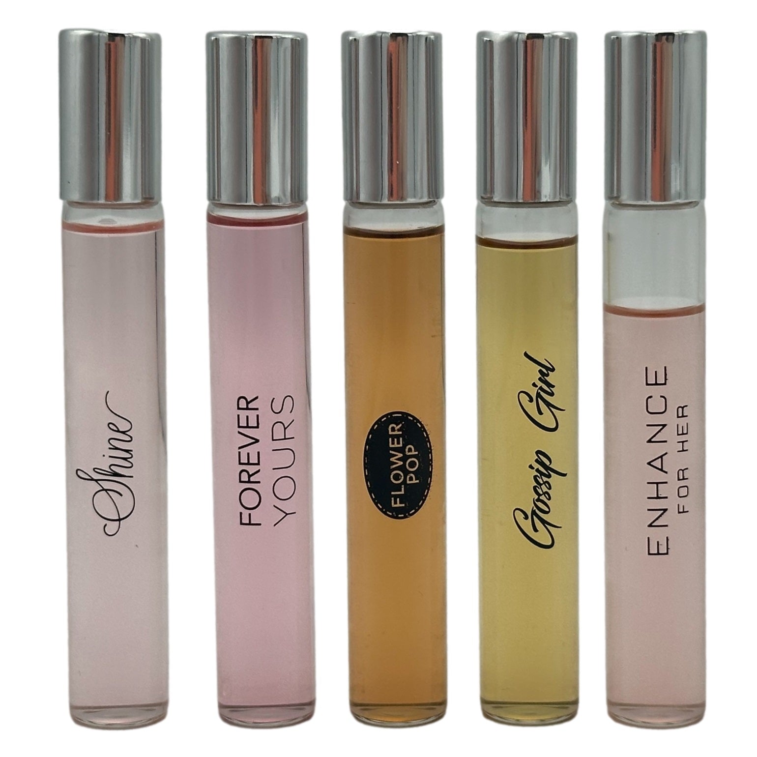Five perfume rollerballs in different colors with silver caps.