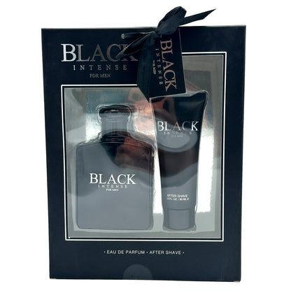 Boxed set of "Black Intense for Men" eau de parfum and aftershave, wrapped with a black ribbon.