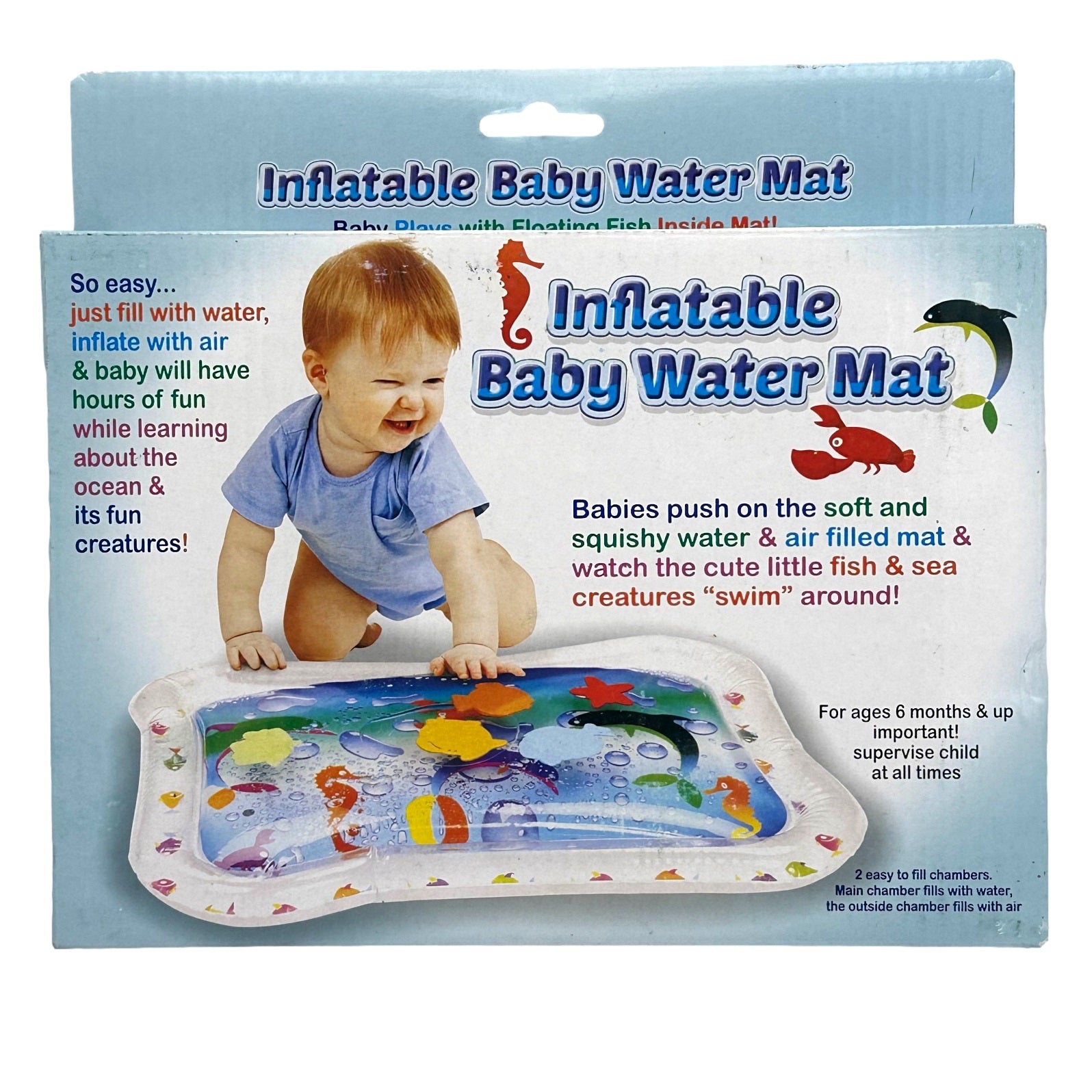 Box for an inflatable baby water mat with a laughing baby and ocean-themed illustrations.