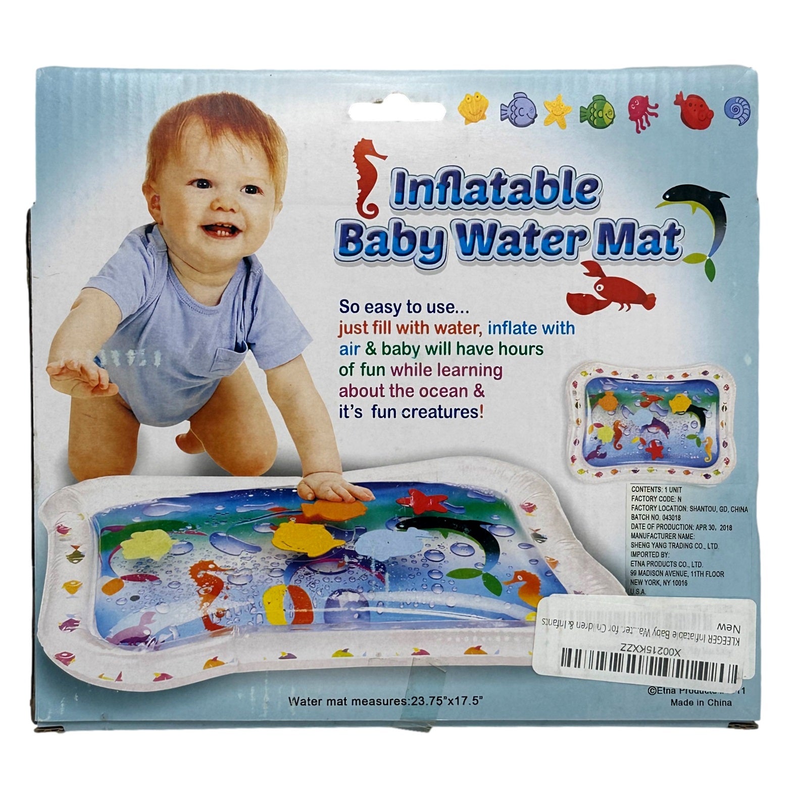 A packaged inflatable baby water mat with an image of a toddler playing on a filled mat.