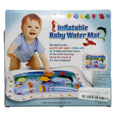 A packaged inflatable baby water mat with an image of a toddler playing on a filled mat.