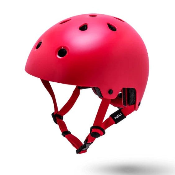 Red helmet with black accents and strap system.
