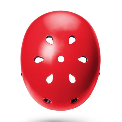 Red protective helmet with ventilation holes.