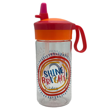Clear water bottle with a red-orange lid and a "Shine Bright!" design.

