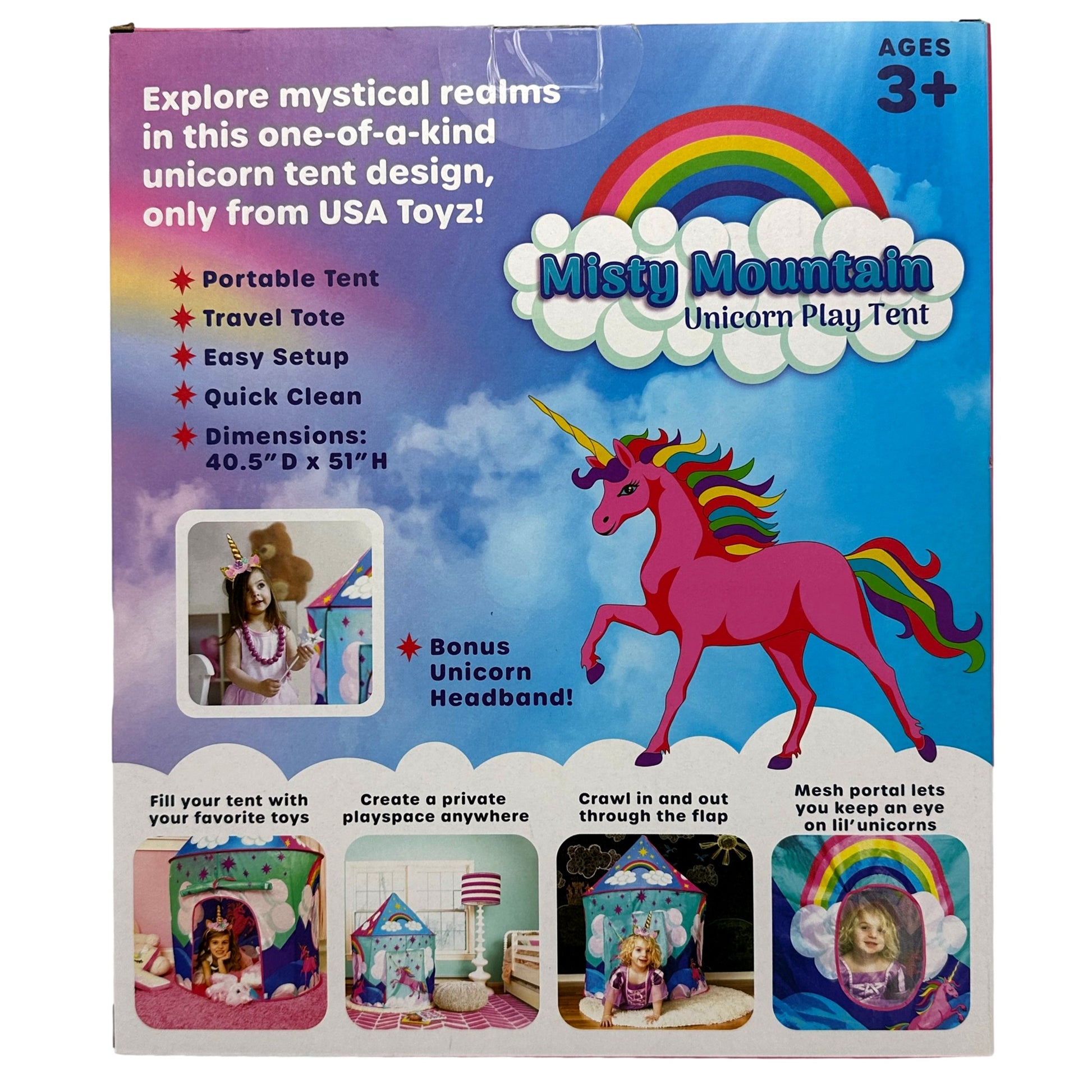 A box of "Misty Mountain Unicorn Play Tent" for ages 3+.