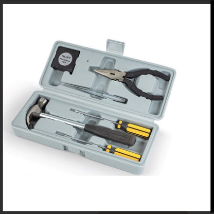Open gray toolbox with hammer, pliers, measuring tape, and screwdrivers inside.
