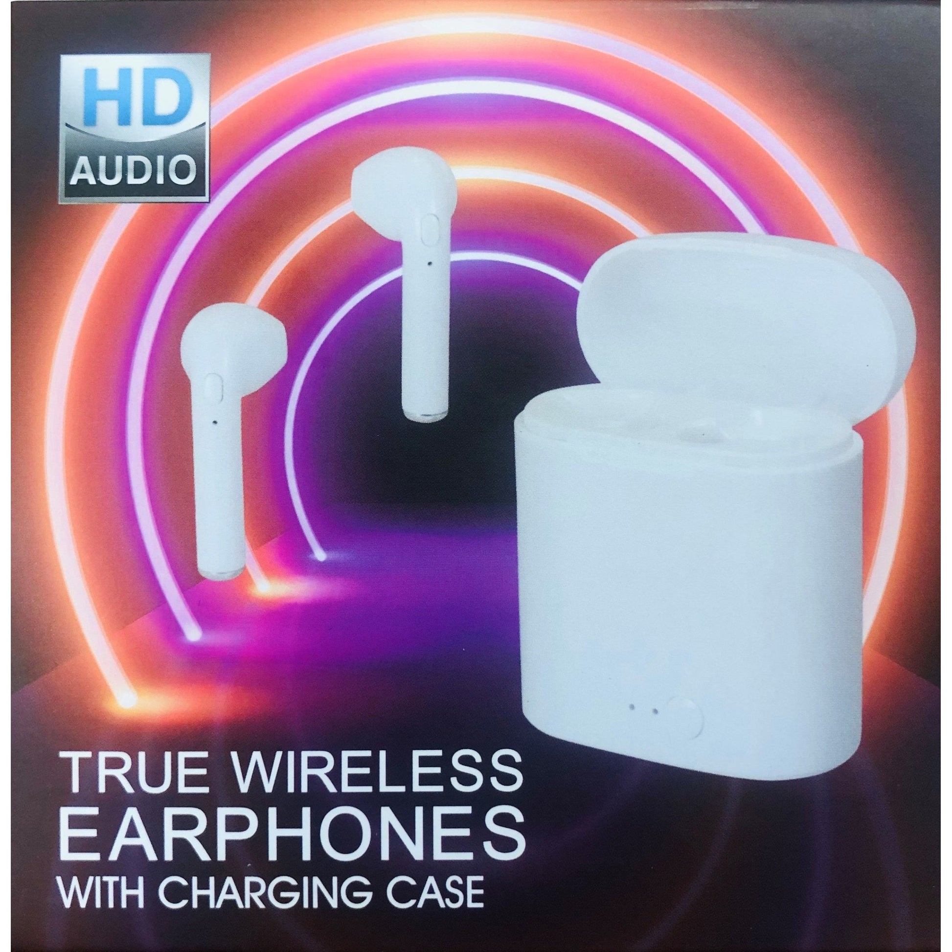 White true wireless earphones and charging case.