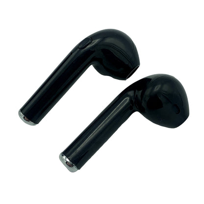 Two black wireless earbuds.
