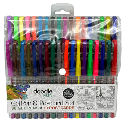 A gel pen and postcard set with 36 gel pens in various colors, packaged in clear plastic packaging.