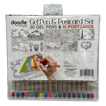 Packaged gel pen and postcard set, with warning label about chemicals causing cancer.