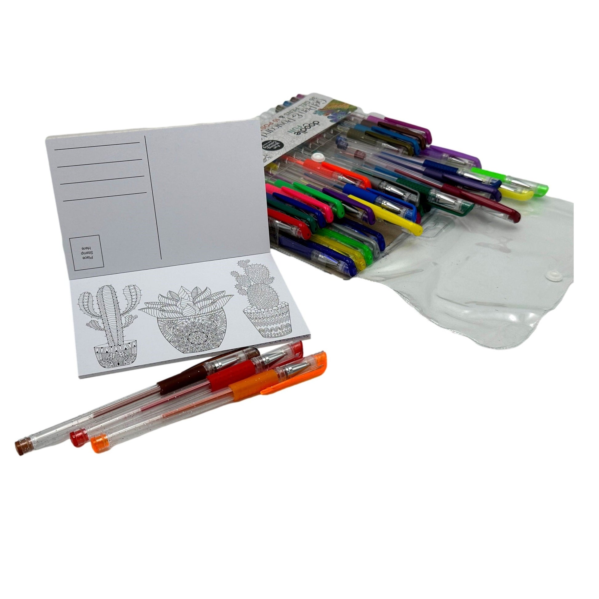 A set of gel pens, postcards, and a clear plastic case on a white surface.