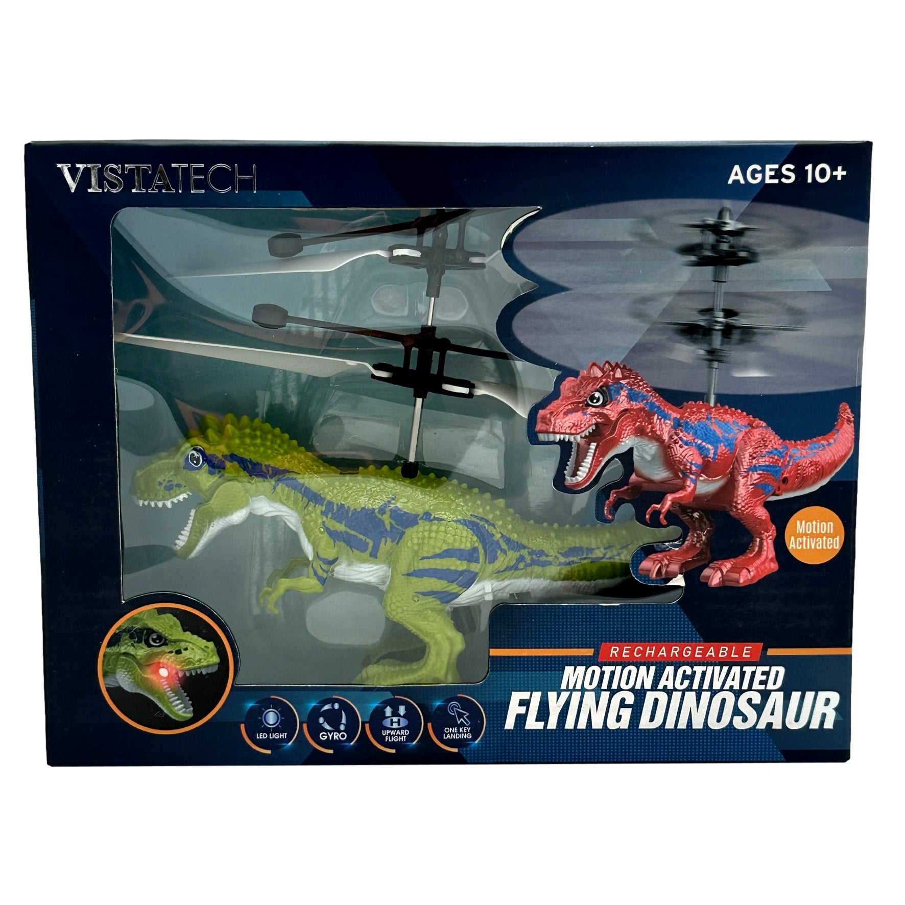Toy box featuring two dinosaur figures with propellers attached.
