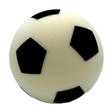 Foam soccer ball with black pentagons.

