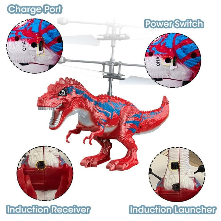 Red and blue toy dinosaur with rotor blades.