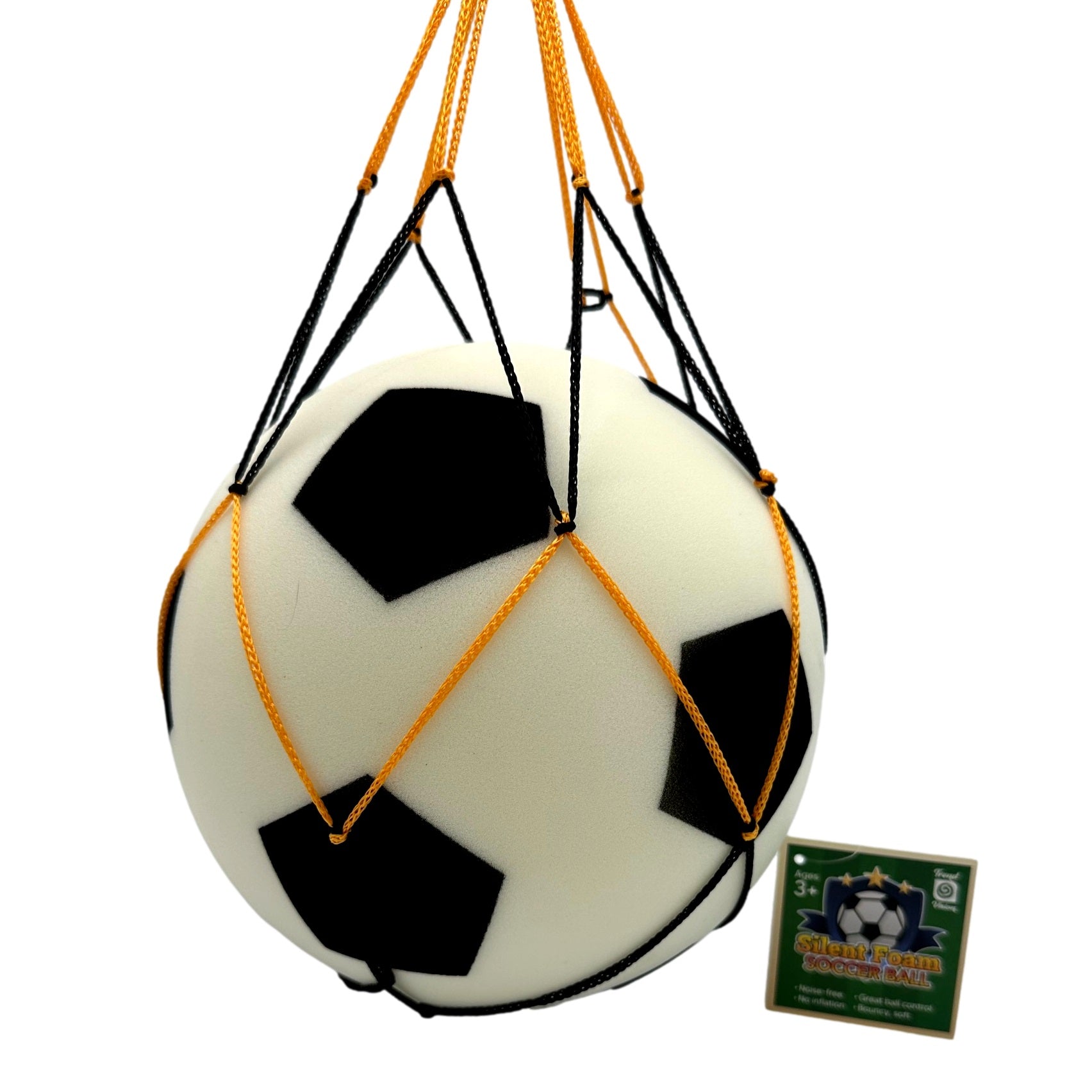 Foam soccer ball suspended in a black and orange net. A tag is attached.