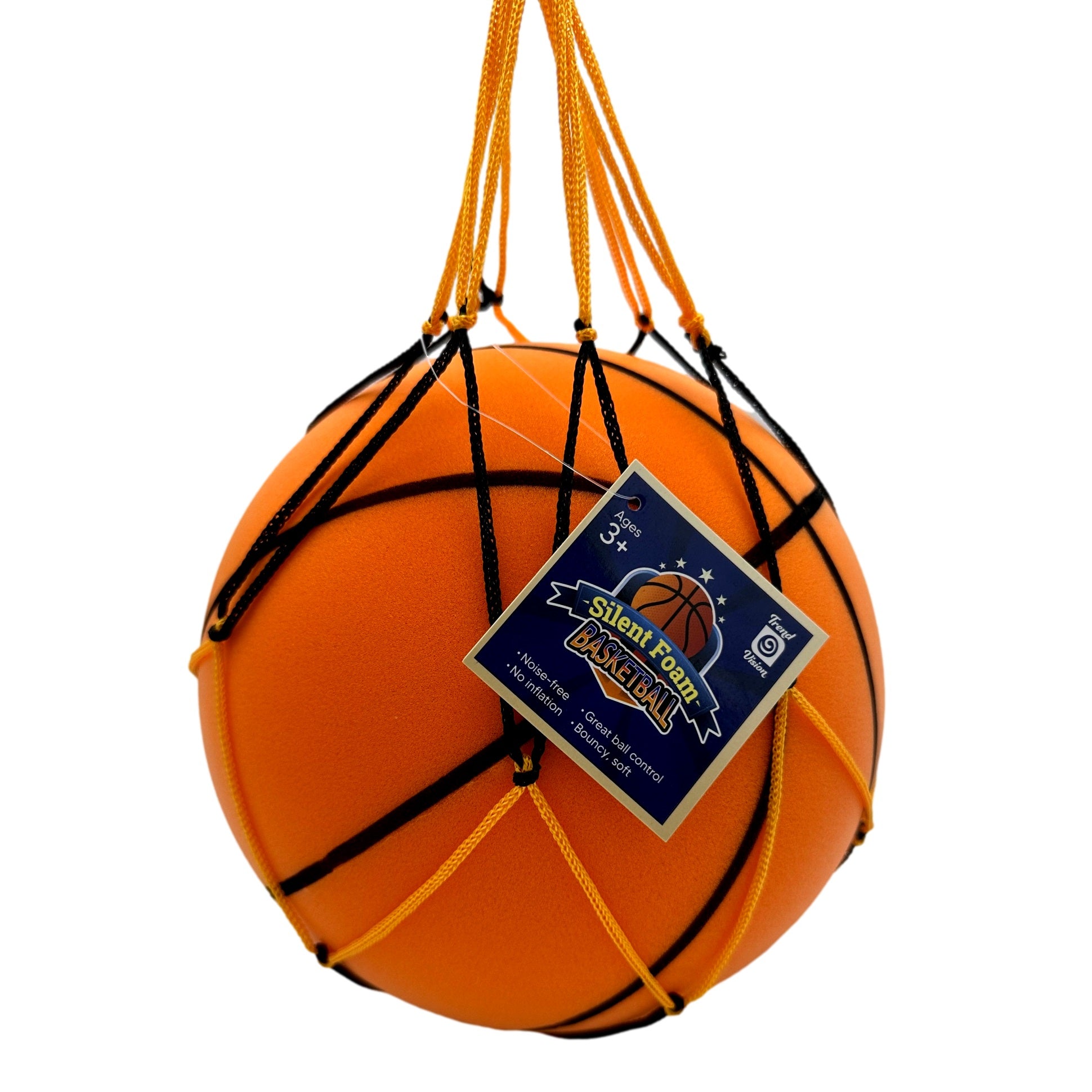 Orange foam basketball with black lines in a black and yellow mesh bag, with a product tag hanging from it.