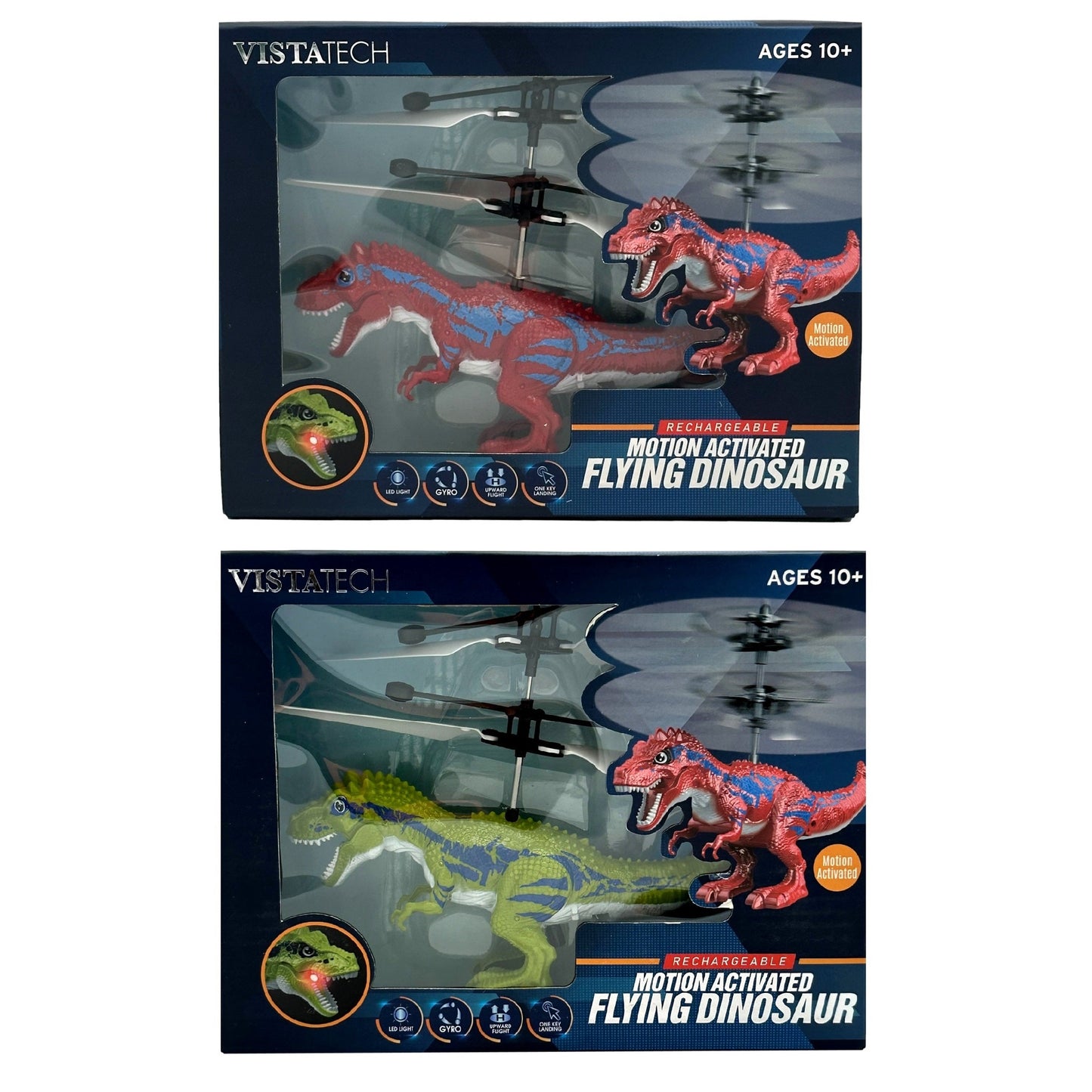 Two boxes of VistaTech motion-activated flying dinosaur toys for ages 10+. The top box shows a red and blue dinosaur, while the bottom box shows a green and blue dinosaur. Both boxes also feature a smaller, red dinosaur and a helicopter propeller.