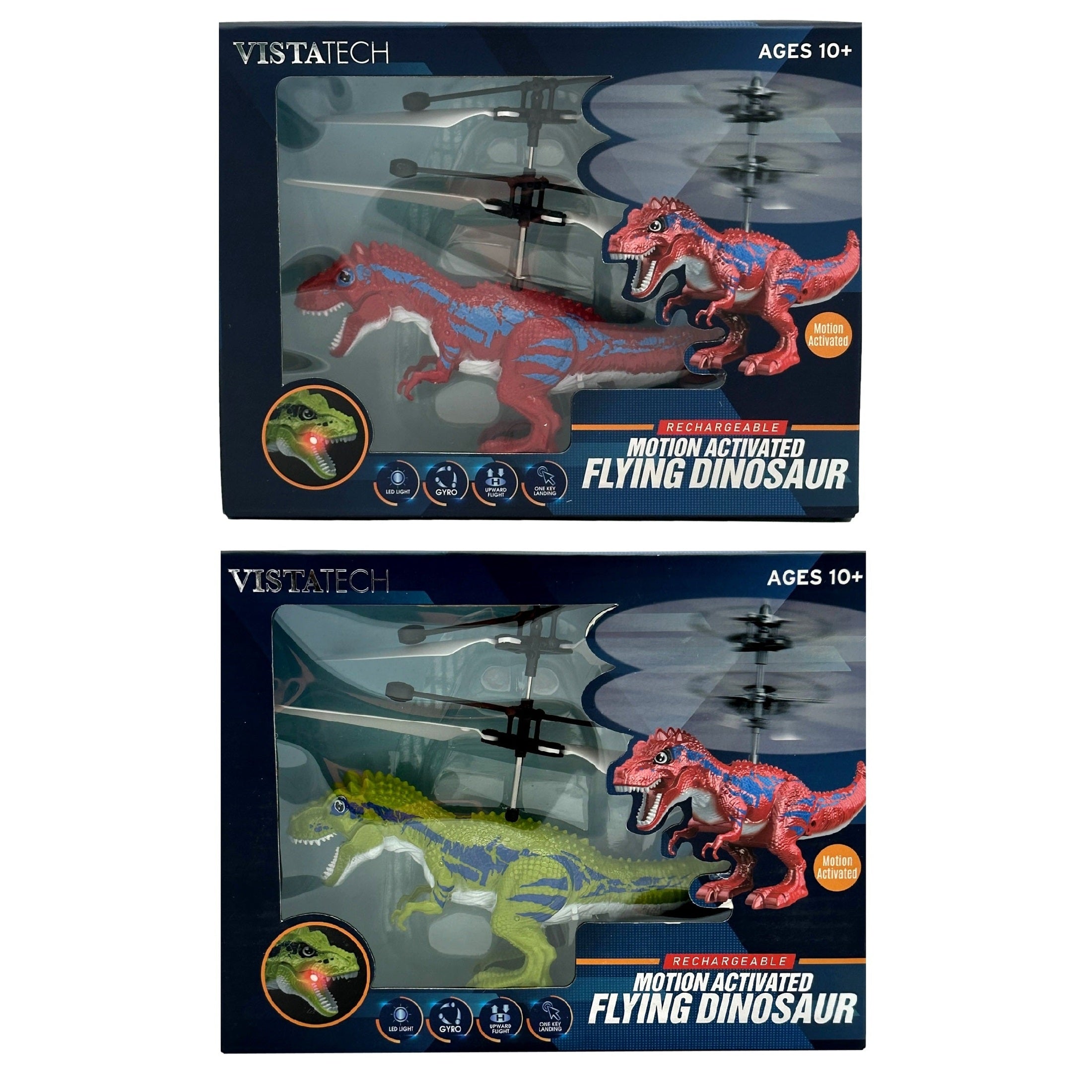 Two boxes of VistaTech motion-activated flying dinosaur toys for ages 10+. The top box shows a red and blue dinosaur, while the bottom box shows a green and blue dinosaur. Both boxes also feature a smaller, red dinosaur and a helicopter propeller.