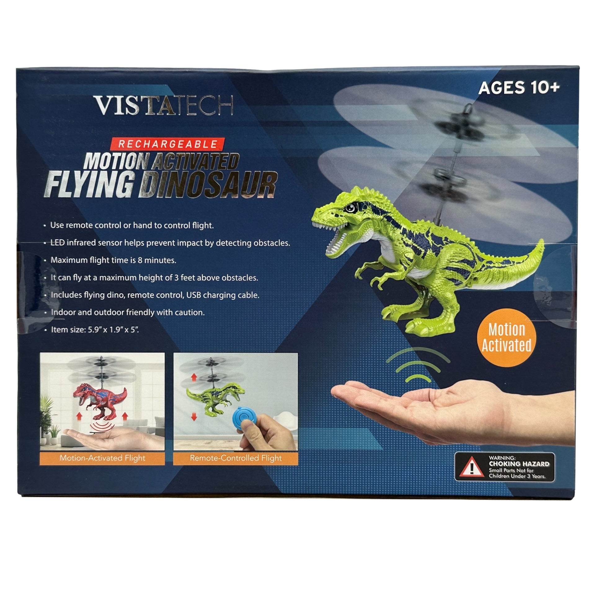 Box for a rechargeable motion activated flying dinosaur toy intended for ages 10+.
