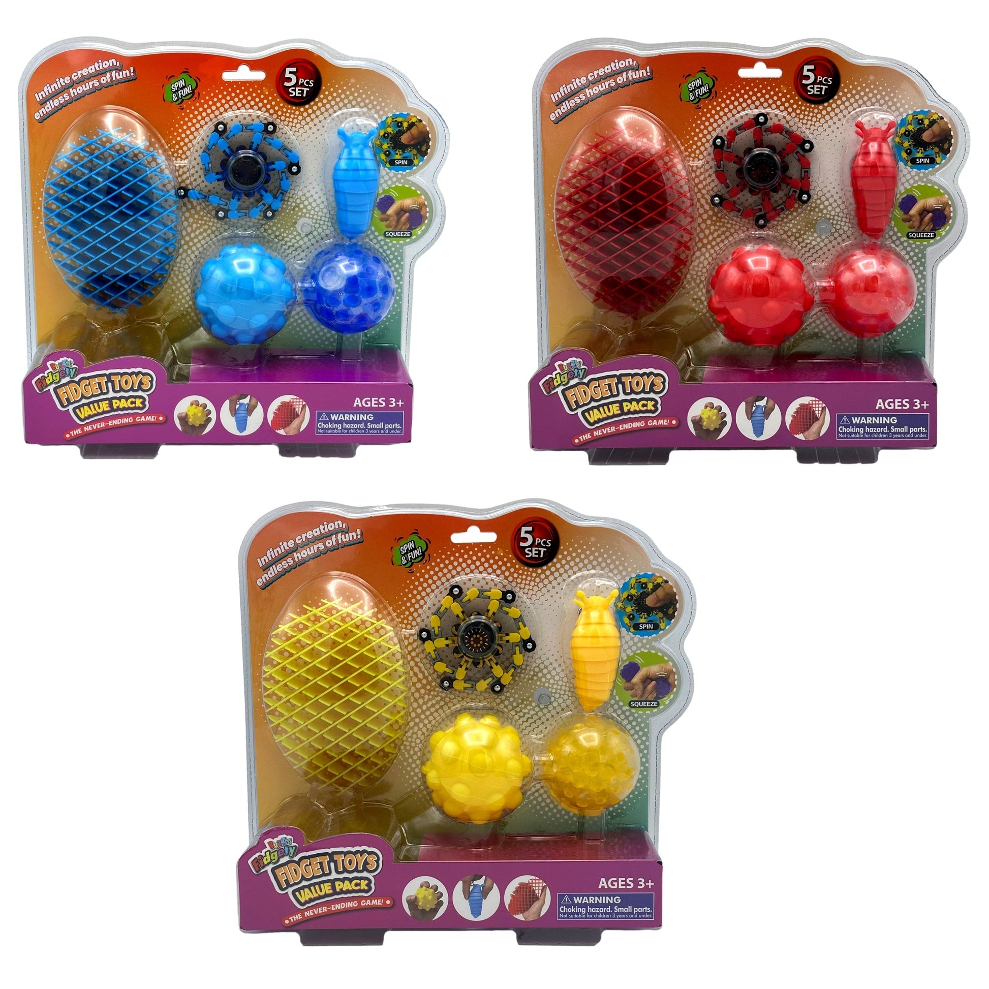 Three packages of "Fidgety Fidget Toys Value Pack," each in a different color: blue, red, and yellow. The sets contain various fidget toys, including a spiky egg, a spinner, a textured toy, and two connected balls. They are packaged with a warning label due to small parts posing a choking hazard for children under 3.